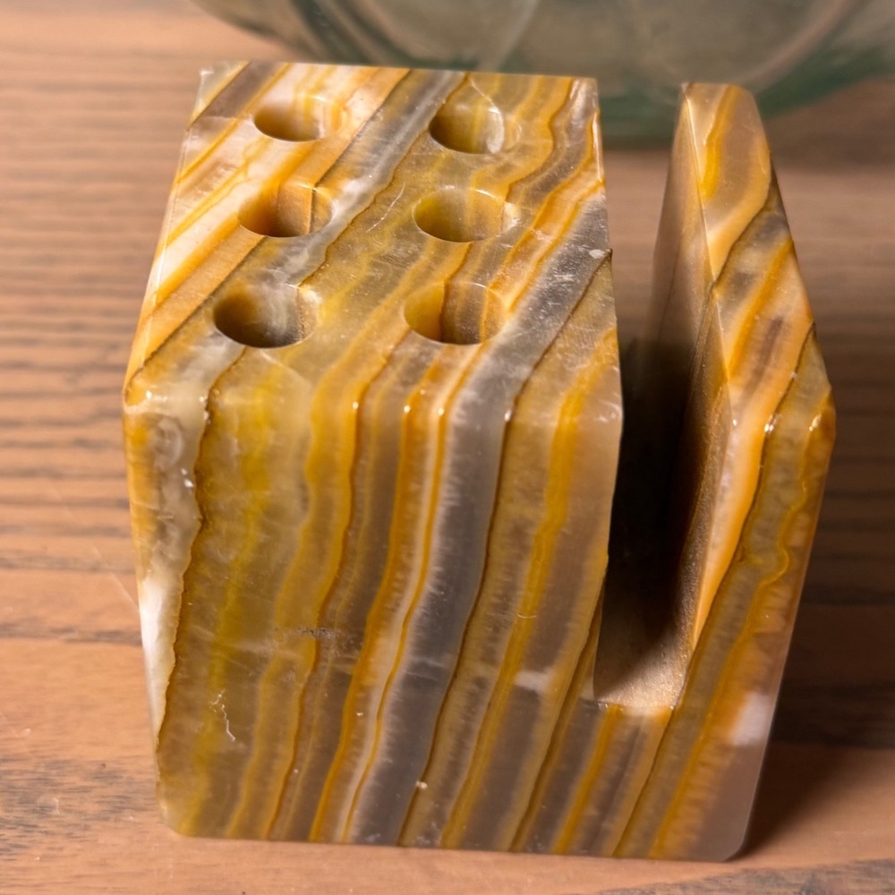 Onyx Stone Pen Holder Desk Organizer Unisex OS Yellow Excellent Vintage